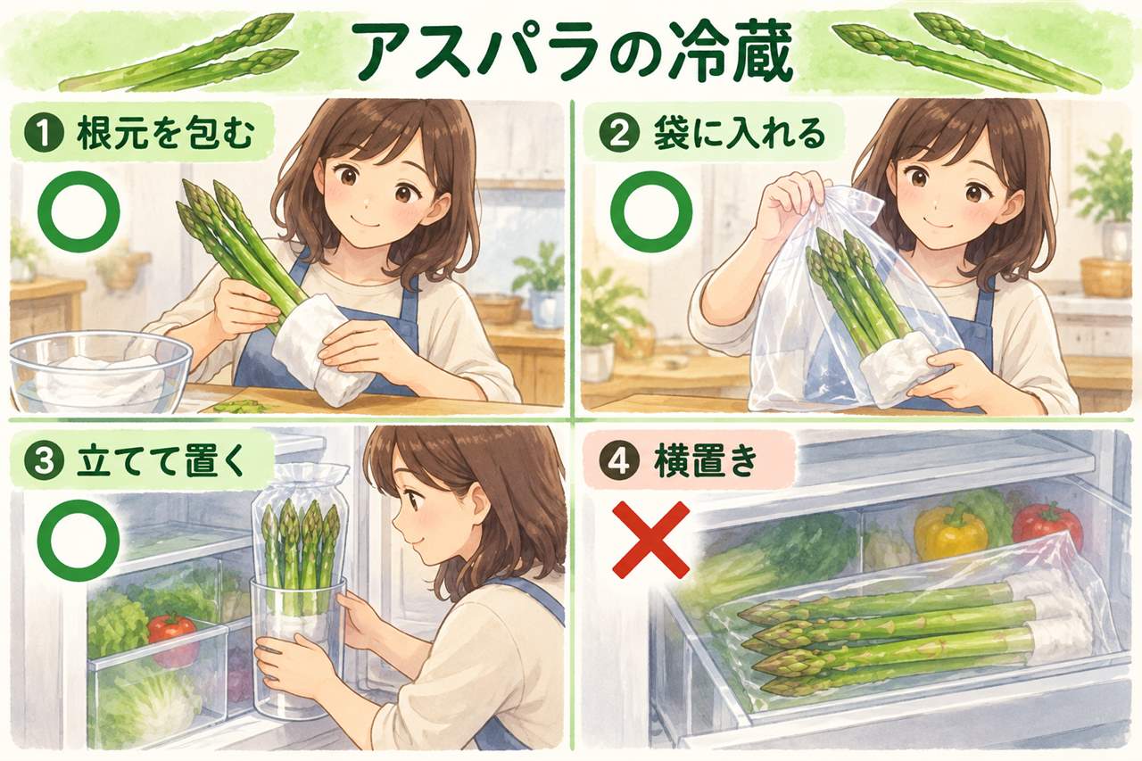 図解：アスパラの冷蔵（根元を包む・袋に入れる・立てて置く・横置き）