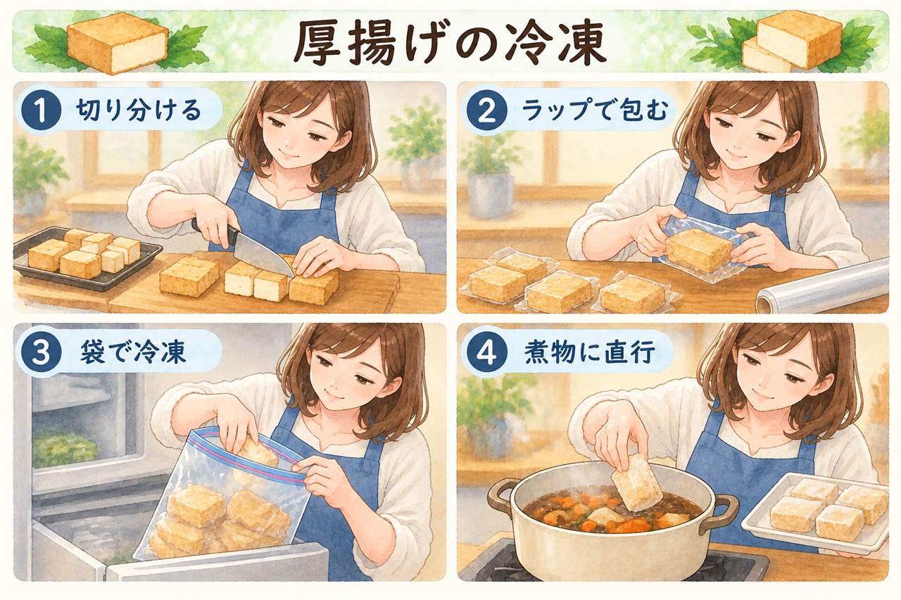 図解:厚揚げの冷凍(切り分ける・ラップで包む・袋で冷凍・煮物に直行)