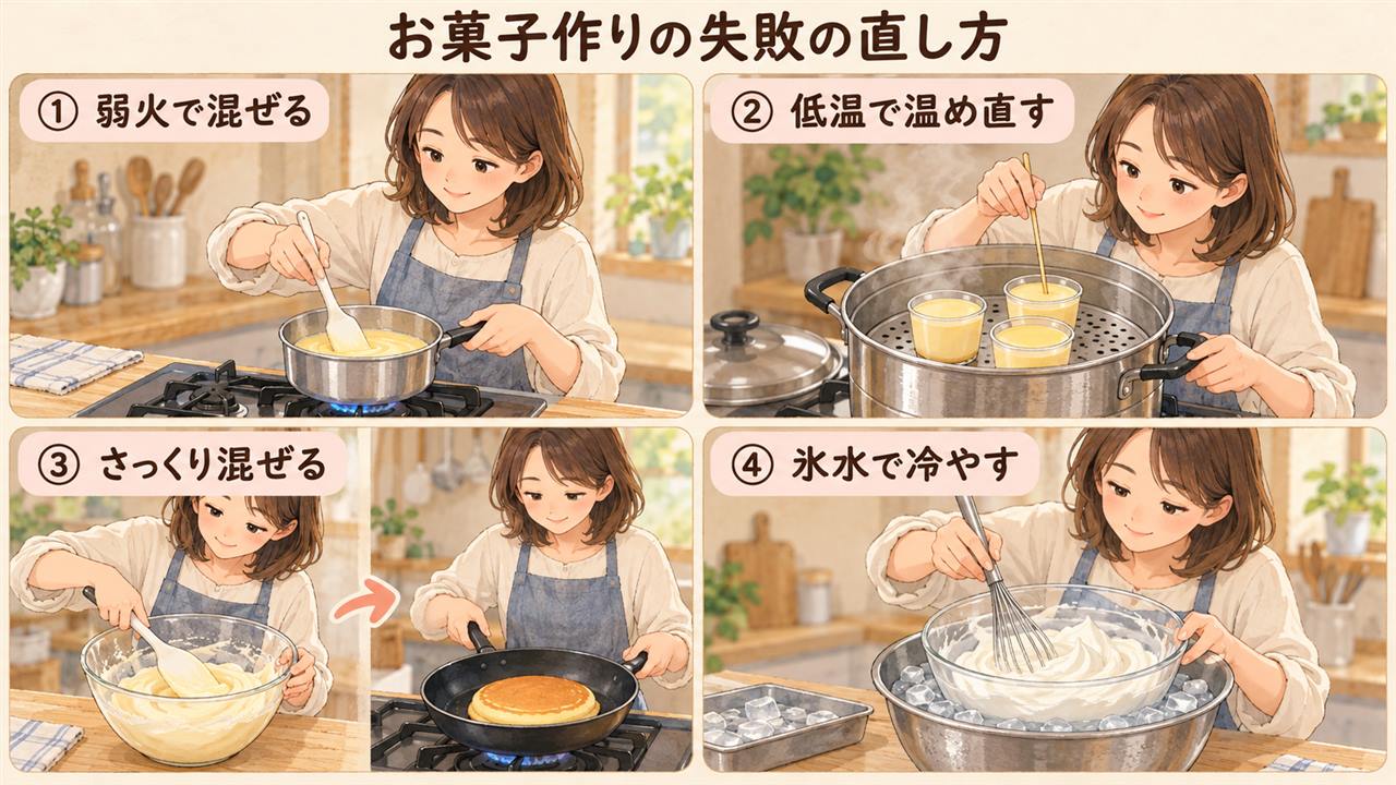 4コマ漫画:お菓子作りの失敗の直し方(弱火で混ぜる・低温で温め直す・さっくり混ぜる・氷水で冷やす)