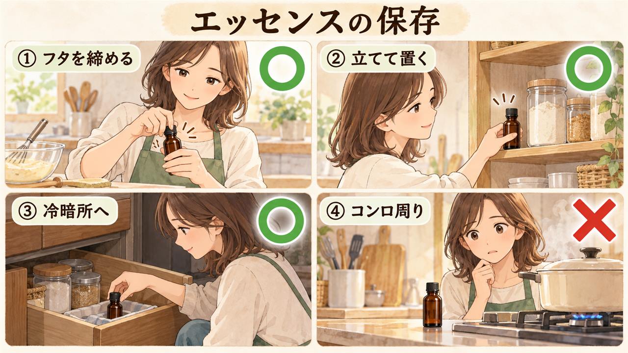 図解：エッセンスの保存（フタを締める・立てて置く・冷暗所へ・コンロ周り）