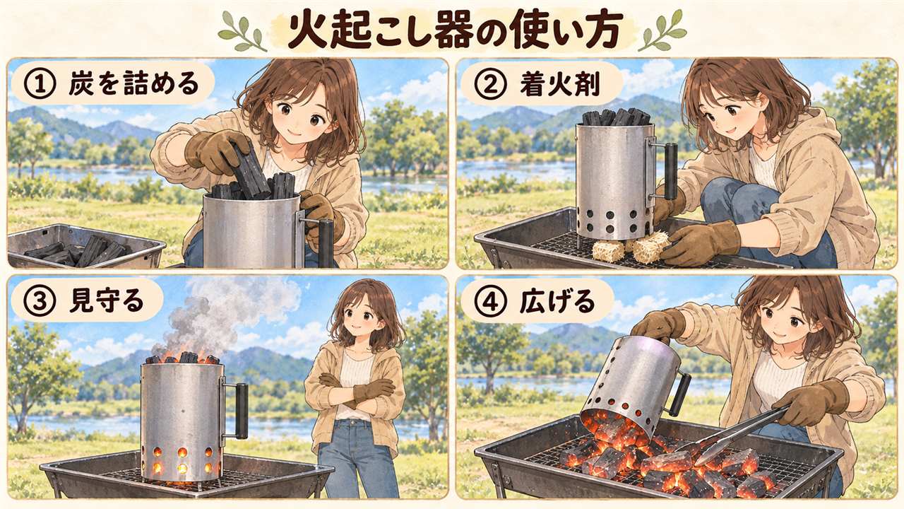 図解：火起こし器の使い方（炭を詰める・着火剤・見守る・広げる）