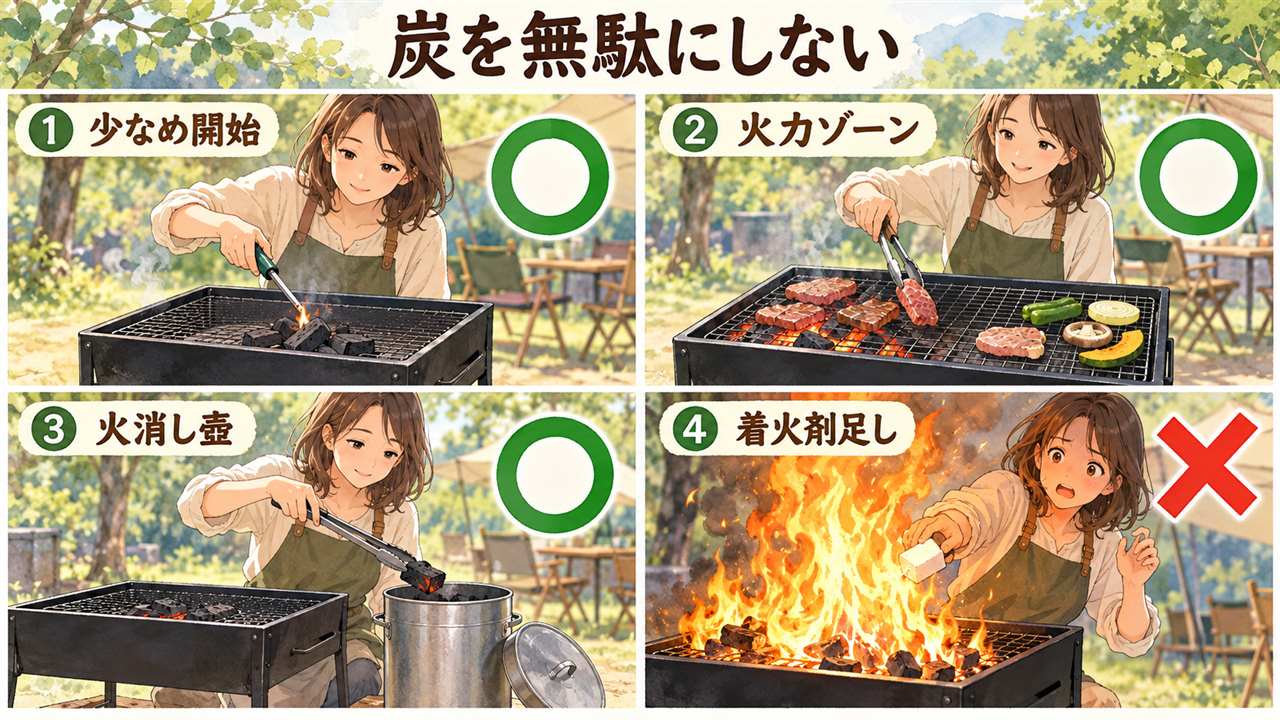図解：炭を無駄にしない（少なめ開始・火力ゾーン・火消し壺・着火剤足し）