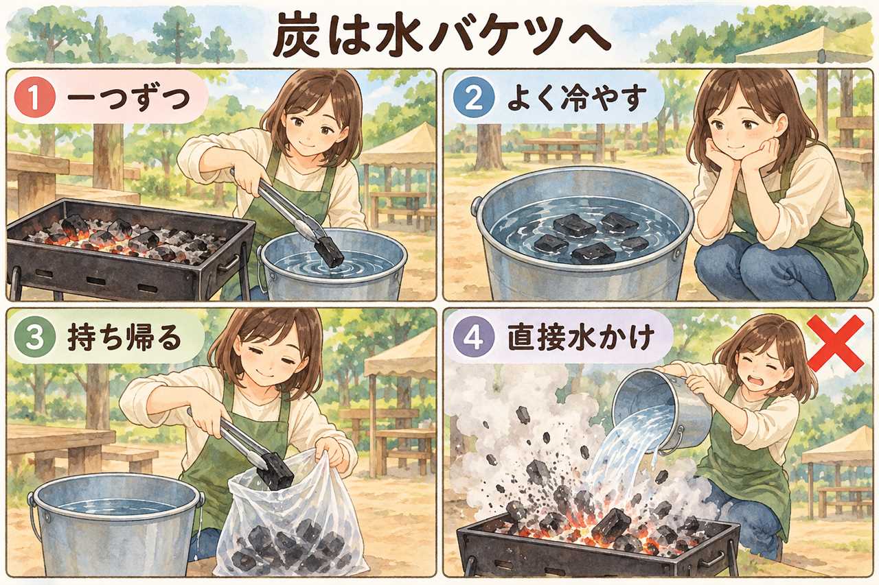 図解：炭は水バケツへ（一つずつ・よく冷やす・持ち帰る・直接水かけ）