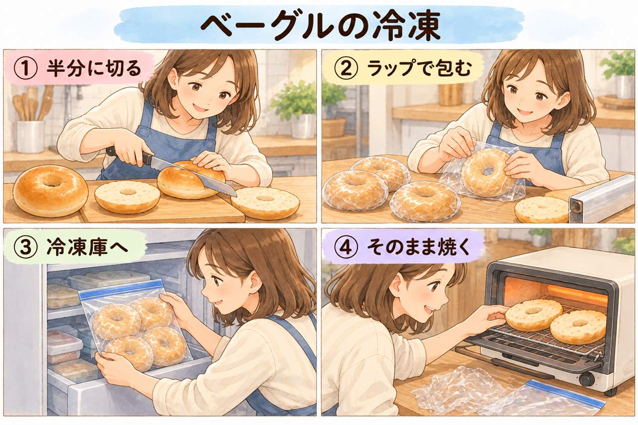 図解:ベーグルの冷凍(半分に切る・ラップで包む・冷凍庫へ・そのまま焼く)