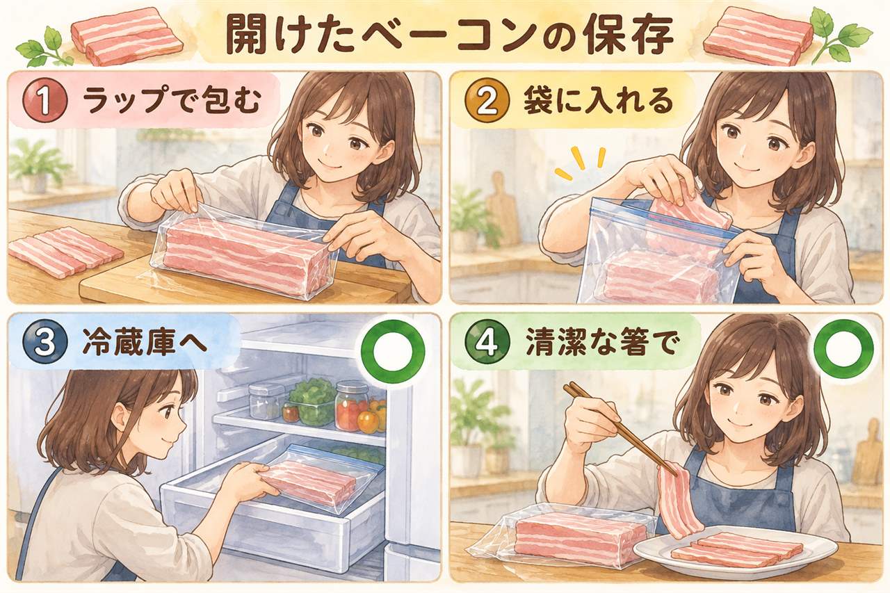 図解:開けたベーコンの保存(ラップで包む・袋に入れる・冷蔵庫へ・清潔な箸で)