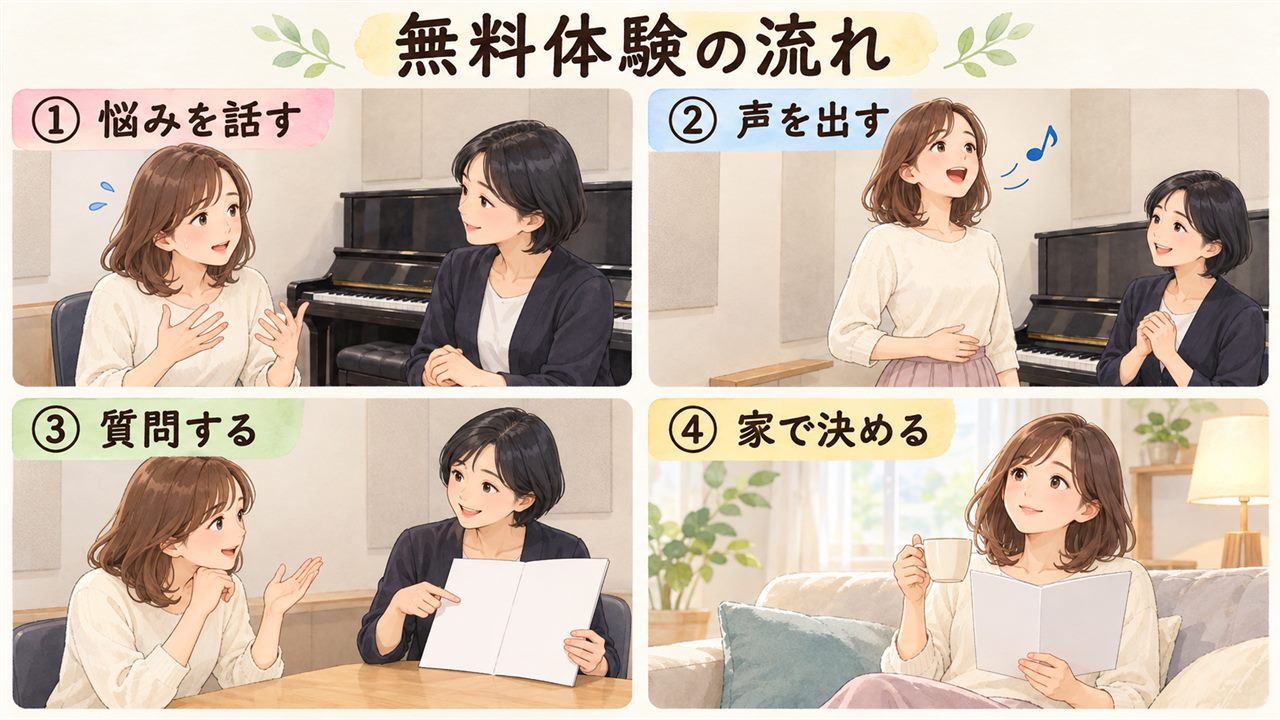 4コマ漫画:無料体験の流れ(悩みを話す・声を出す・質問する・家で決める)