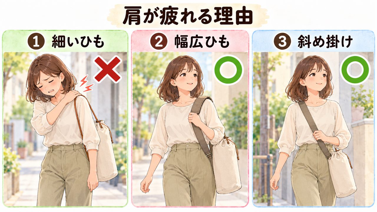 図解:肩が疲れる理由(細いひも・幅広ひも・斜め掛け)