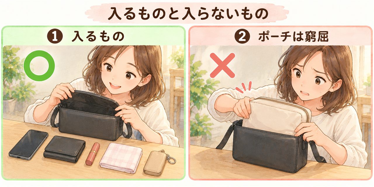 図解：入るものと入らないもの（入るもの・ポーチは窮屈）