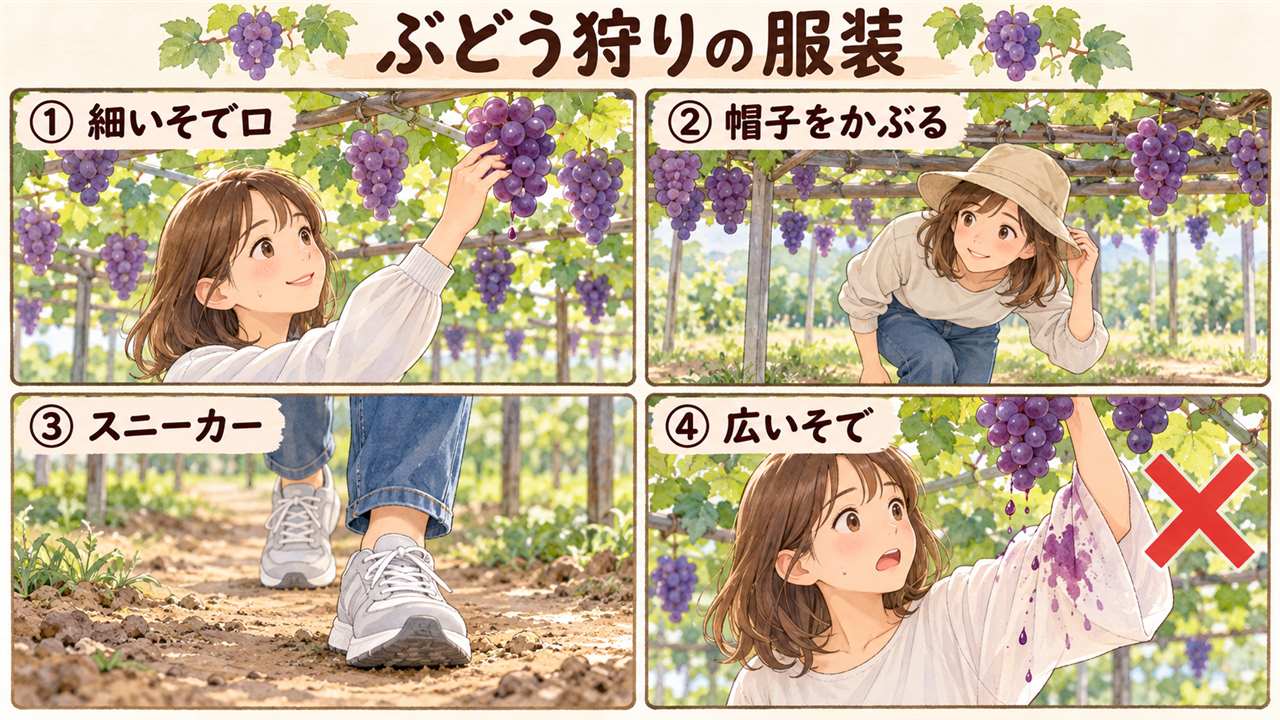 図解:ぶどう狩りの服装(細いそで口・帽子をかぶる・スニーカー・広いそで)