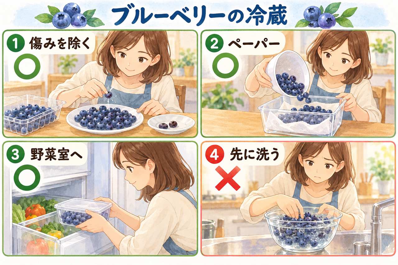 図解:ブルーベリーの冷蔵(傷みを除く・ペーパー・野菜室へ・先に洗う)