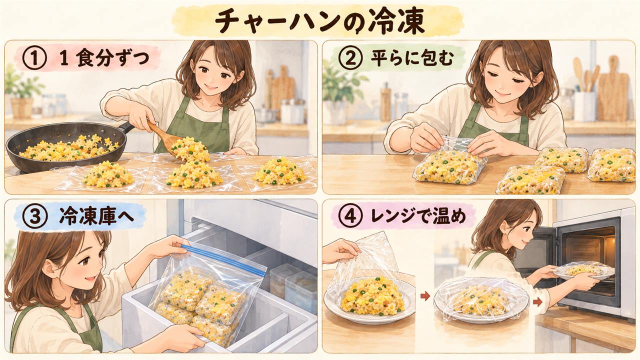 図解:チャーハンの冷凍(1食分ずつ・平らに包む・冷凍庫へ・レンジで温め)