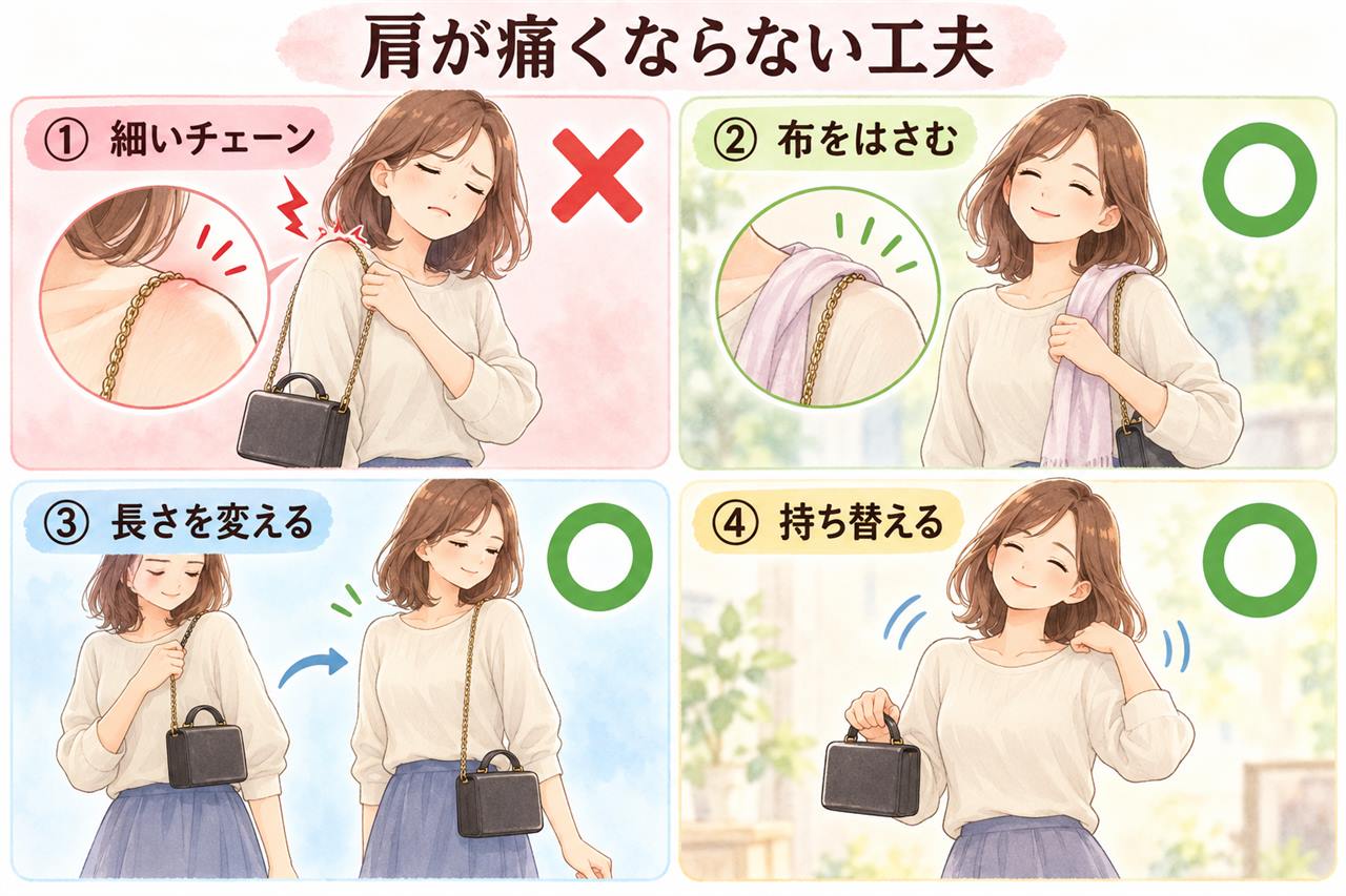 図解:肩が痛くならない工夫(細いチェーン・布をはさむ・長さを変える・持ち替える)