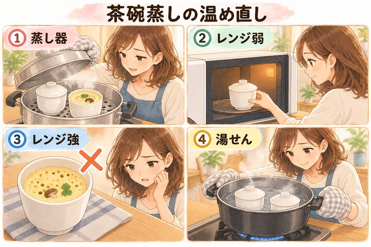 図解:茶碗蒸しの温め直し(蒸し器・レンジ弱・レンジ強・湯せん)