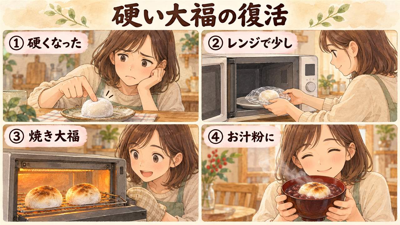 図解:硬い大福の復活(硬くなった・レンジで少し・焼き大福・お汁粉に)