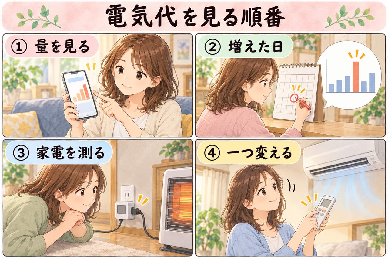 4コマ漫画:電気代を見る順番(量を見る・増えた日・家電を測る・一つ変える)