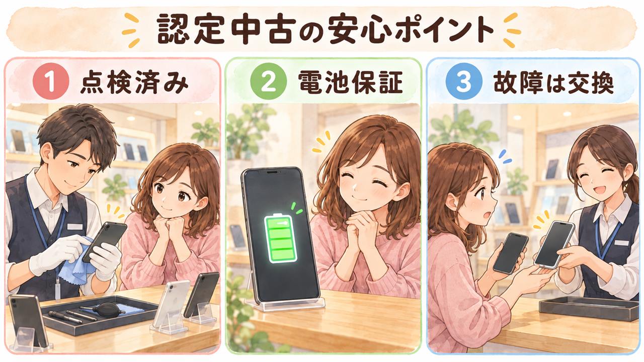 図解：認定中古の確認ポイント（検査済み・30日間の故障交換・保証の対象外）