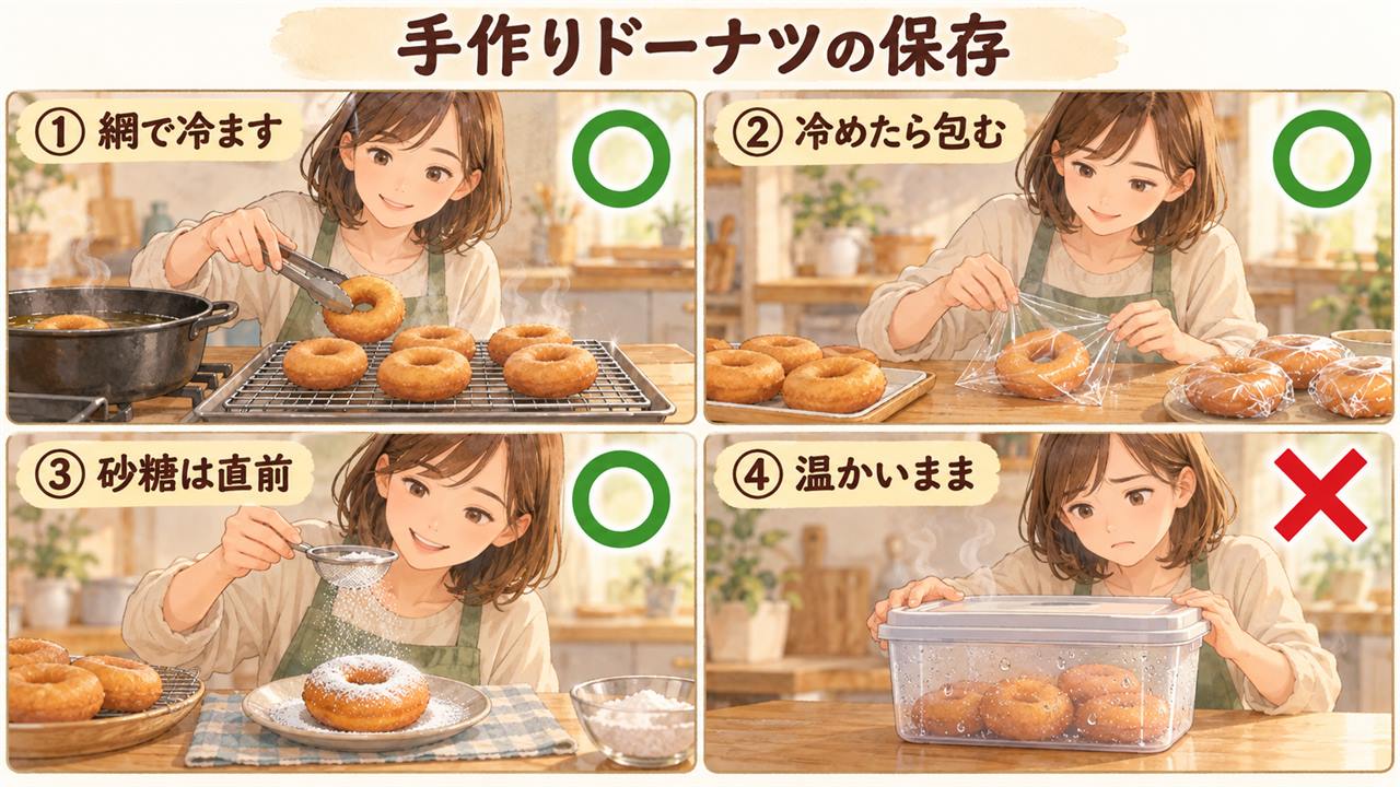 図解:手作りドーナツの保存(網で冷ます・冷めたら包む・砂糖は直前・温かいまま)