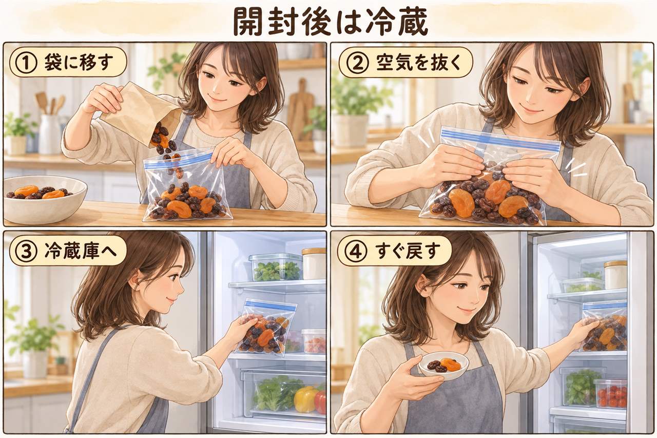 図解:開封後は冷蔵(袋に移す・空気を抜く・冷蔵庫へ・すぐ戻す)