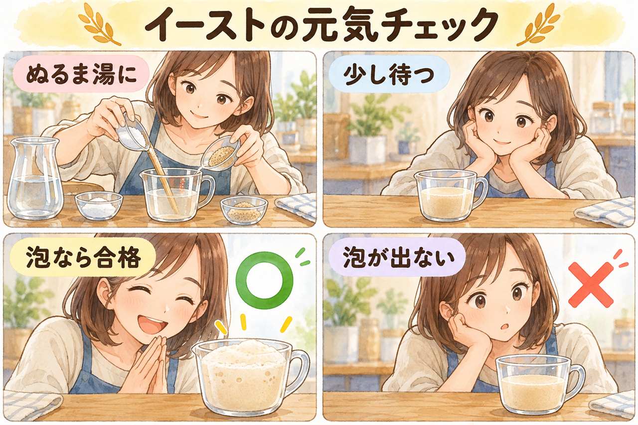 図解:イーストの元気チェック(ぬるま湯に・少し待つ・泡なら合格・泡が出ない)