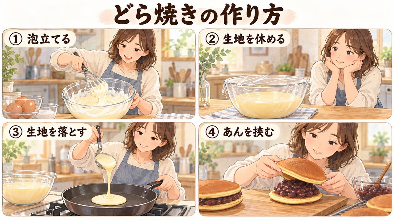 図解:どら焼きの作り方(泡立てる・生地を休める・生地を落とす・あんを挟む)