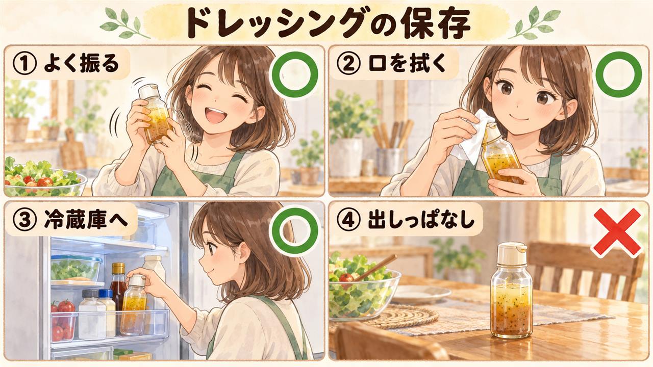 図解:ドレッシングの保存(よく振る・口を拭く・冷蔵庫へ・出しっぱなし)