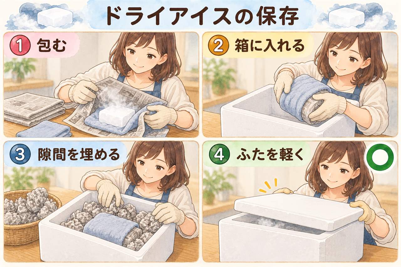 図解：ドライアイスの保存（包む・箱に入れる・隙間を埋める・ふたを軽く）