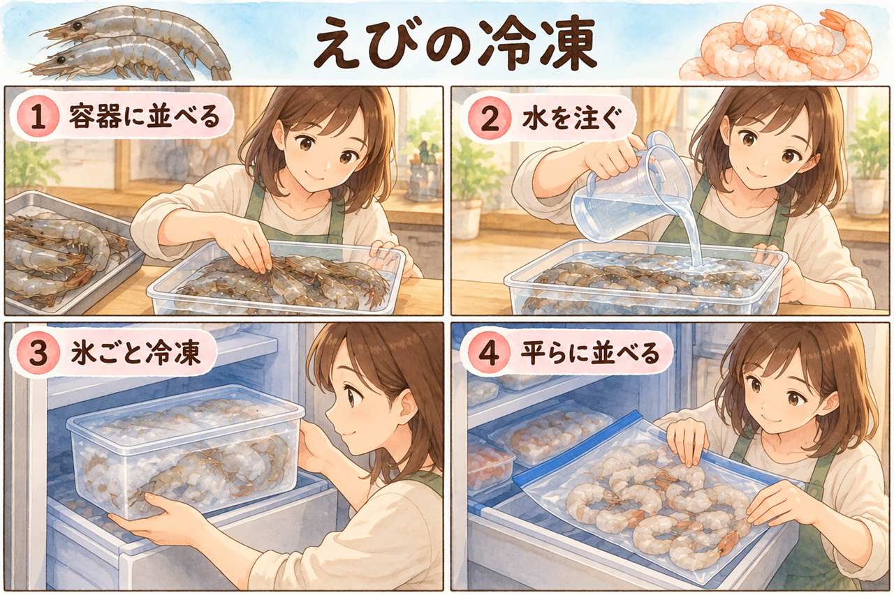 図解:えびの冷凍(容器に並べる・水を注ぐ・氷ごと冷凍・平らに並べる)