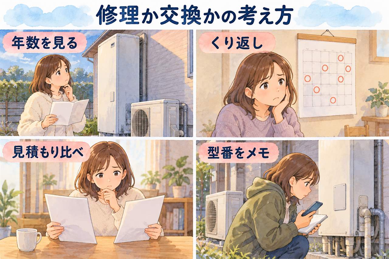 4コマ漫画:修理か交換かの考え方(年数を見る・くり返し・見積もり比べ・型番をメモ)