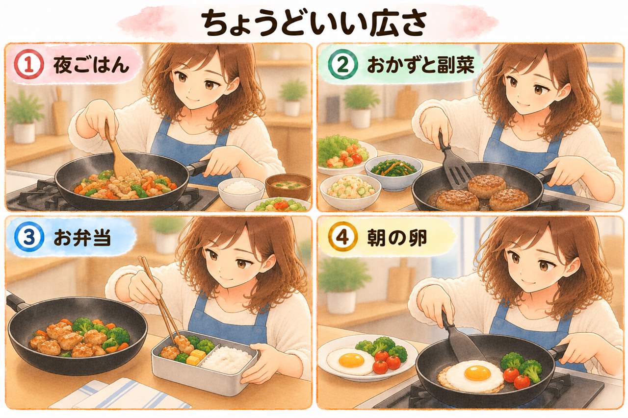 図解：ちょうどいい広さ（夜ごはん・おかずと副菜・お弁当・朝の卵）