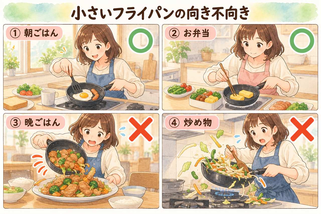 図解:小さいフライパンの向き不向き(朝ごはん・お弁当・晩ごはん・炒め物)
