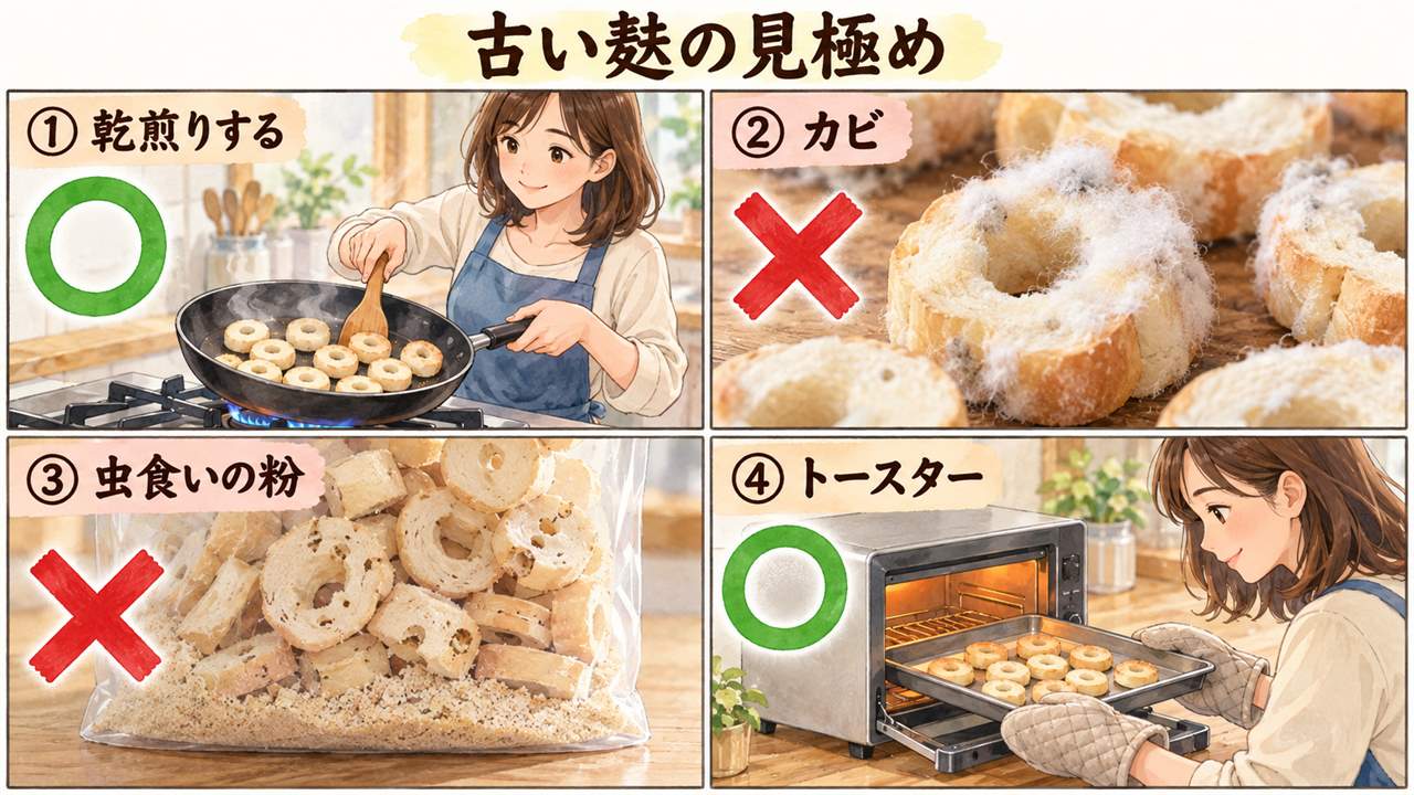 図解:古い麩の見極め(乾煎りする・カビ・虫食いの粉・トースター)