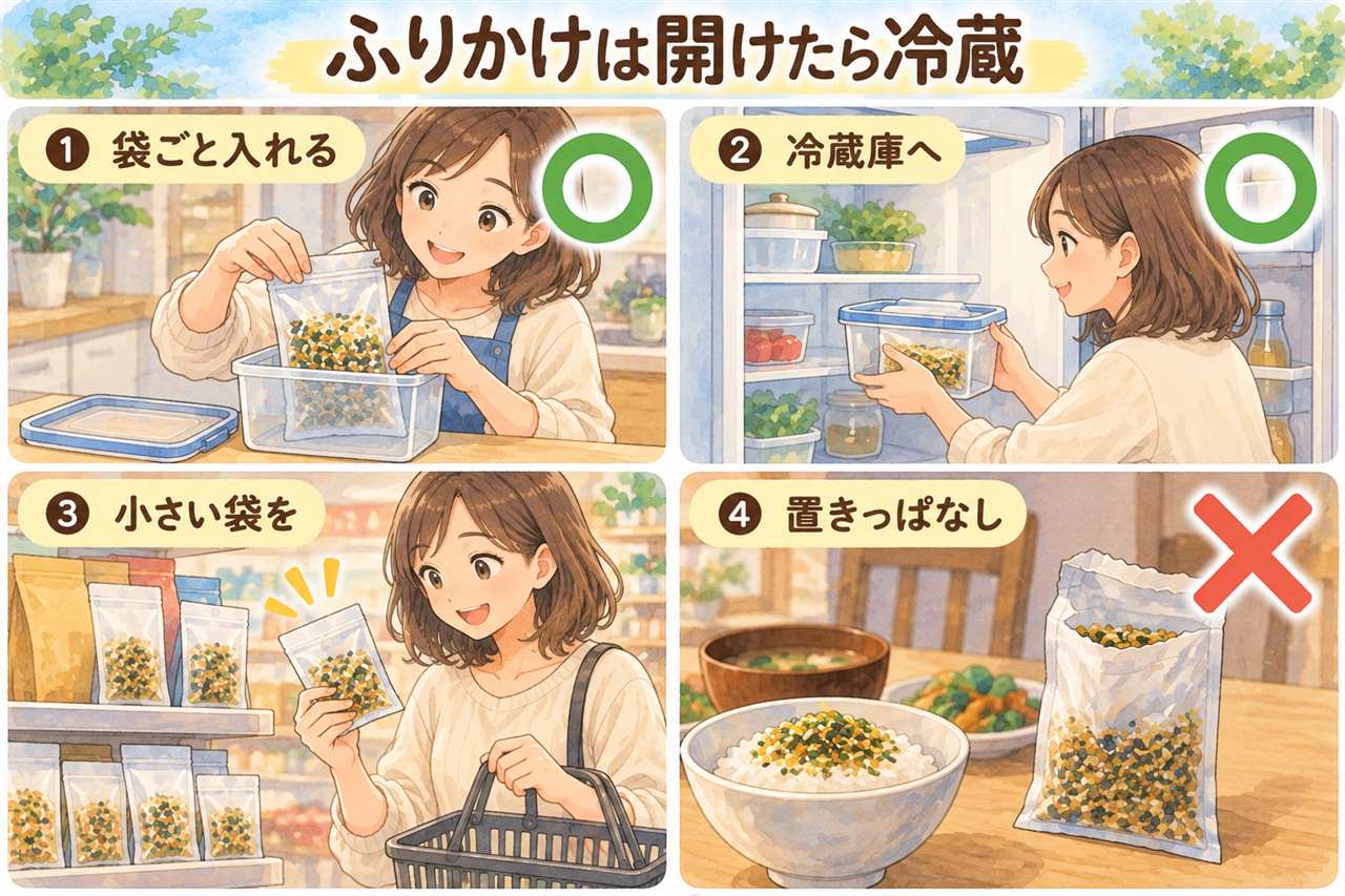 図解:ふりかけは開けたら冷蔵(袋ごと入れる・冷蔵庫へ・小さい袋を・置きっぱなし)