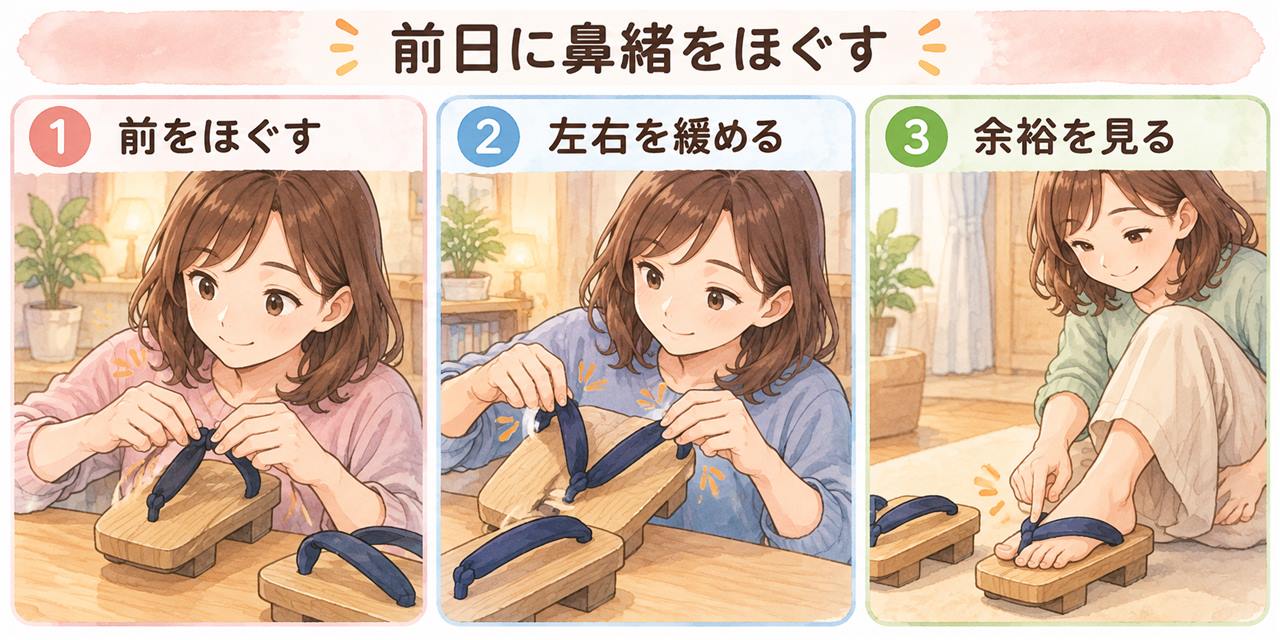 図解:前日に鼻緒をほぐす(前をほぐす・左右を緩める・余裕を見る)