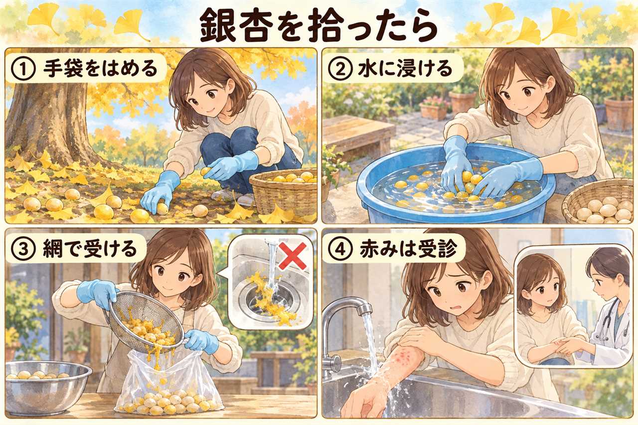 4コマ漫画:銀杏を拾ったら(手袋をはめる・水に浸ける・網で受ける・赤みは受診)