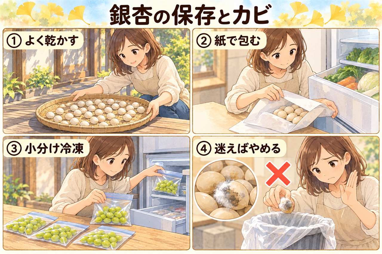 4コマ漫画:銀杏の保存とカビ(よく乾かす・紙で包む・小分け冷凍・迷えばやめる)