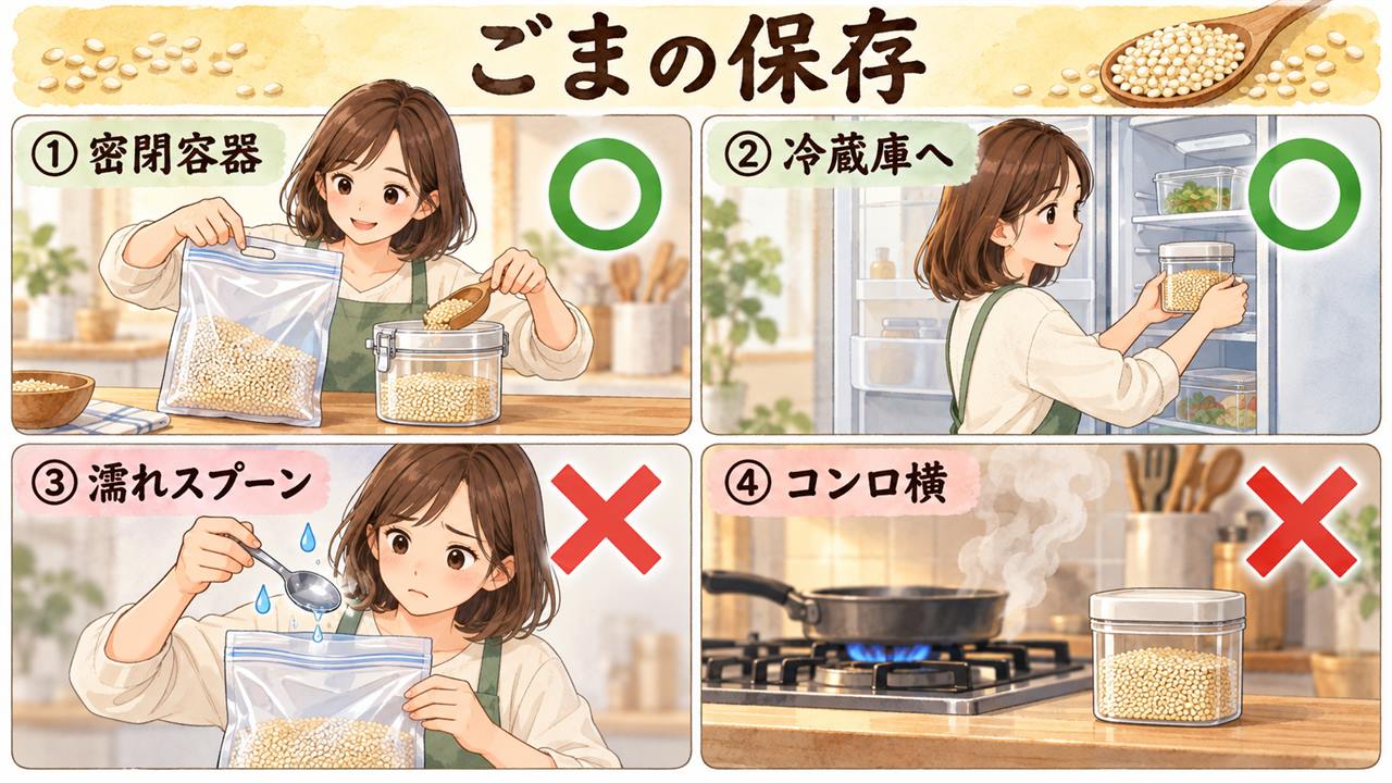 図解:ごまの保存(密閉容器・冷蔵庫へ・濡れスプーン・コンロ横)