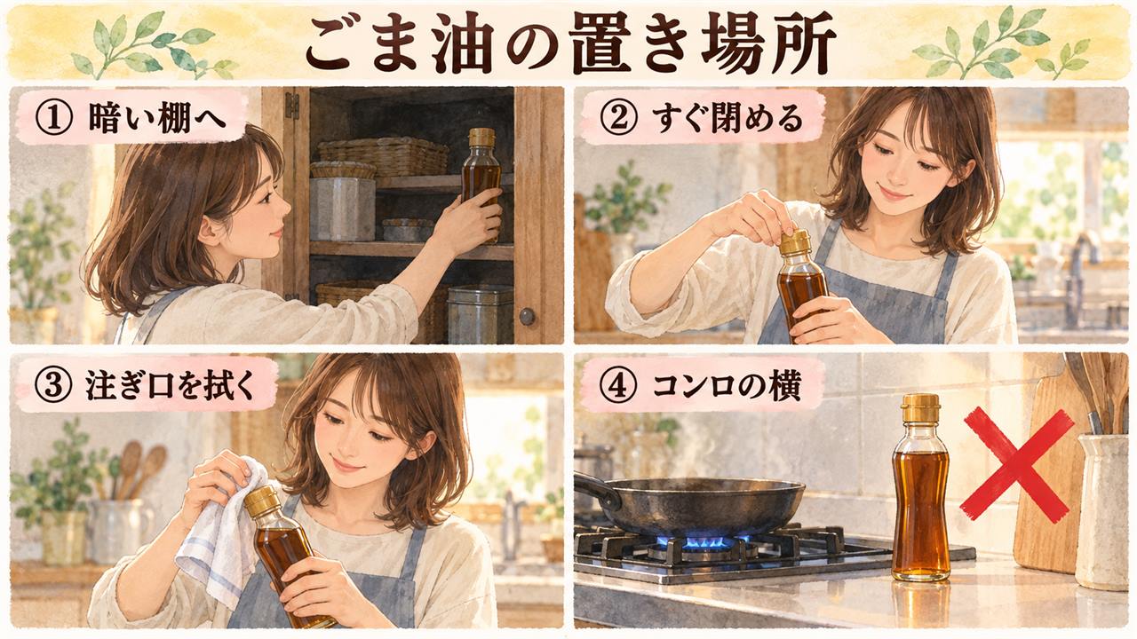 図解:ごま油の置き場所(暗い棚へ・すぐ閉める・注ぎ口を拭く・コンロの横)