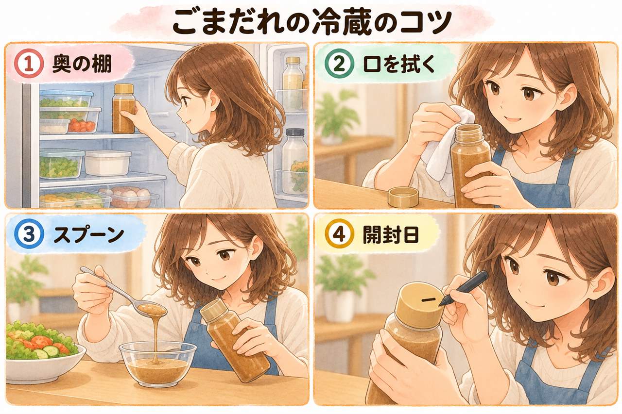 図解:ごまだれの冷蔵のコツ(奥の棚・口を拭く・スプーン・開封日)