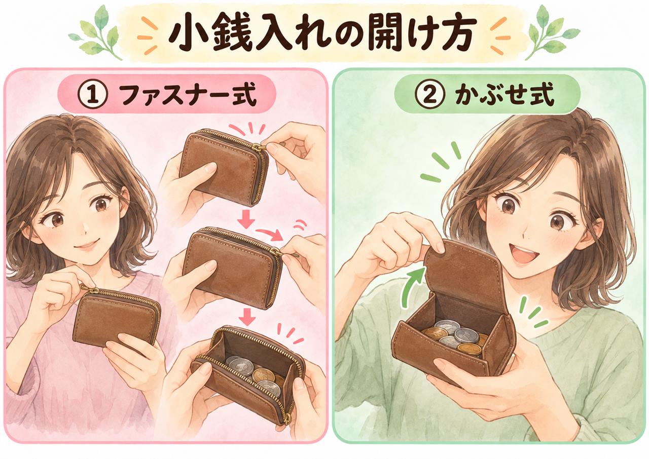 図解:小銭入れの開け方(ファスナー式・かぶせ式)