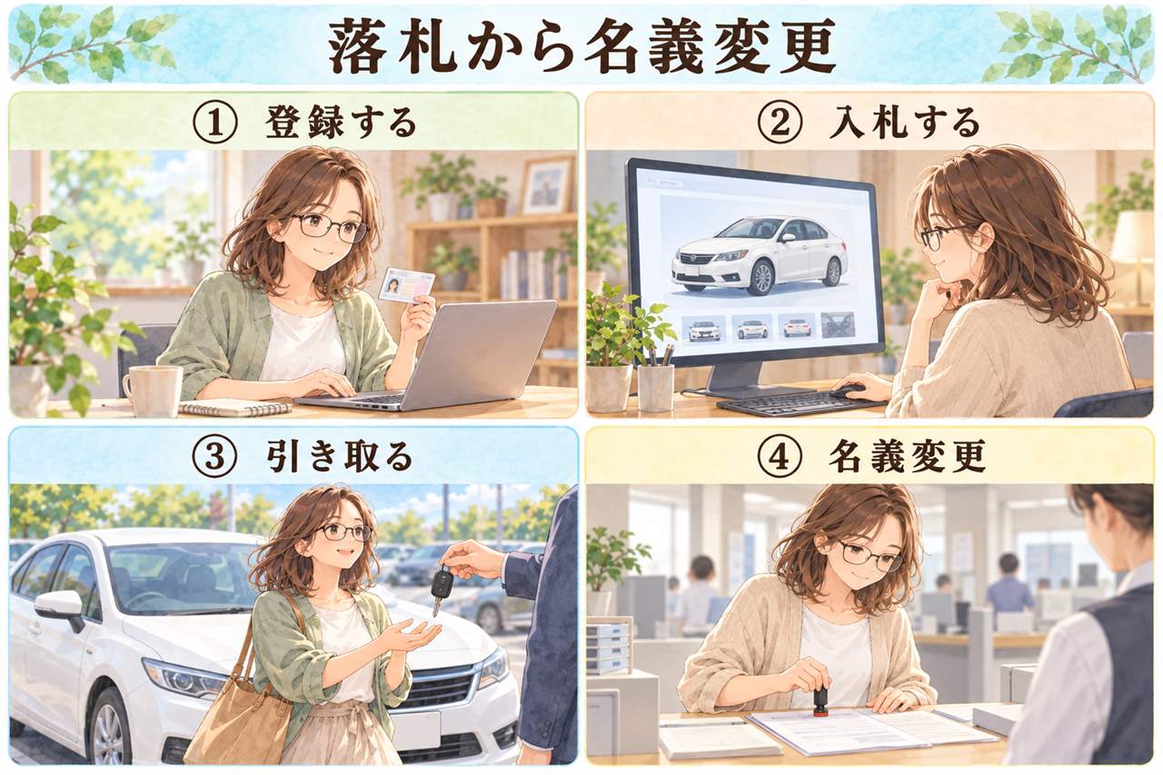 図解：落札から名義変更（登録する・入札する・引き取る・名義変更）