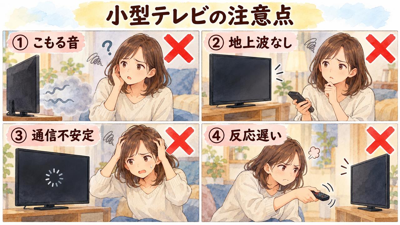 図解：小型テレビの注意点（こもる音・地上波なし・通信不安定・反応遅い）
