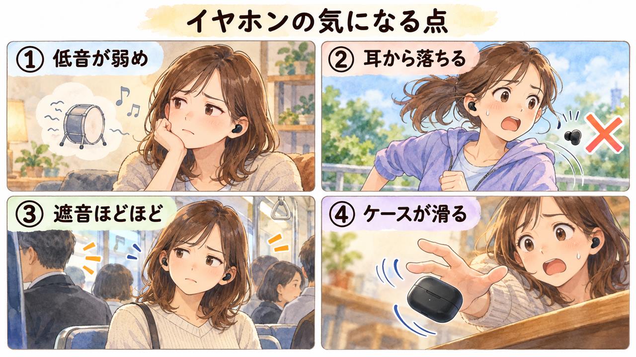 図解:イヤホンの気になる点(低音が弱め・耳から落ちる・遮音ほどほど・ケースが滑る)