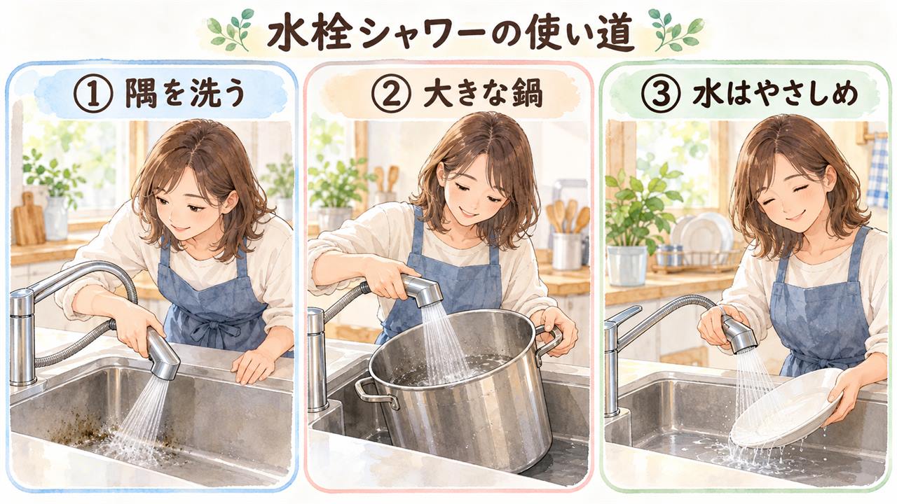 図解:水栓シャワーの使い道(隅を洗う・大きな鍋・水はやさしめ)