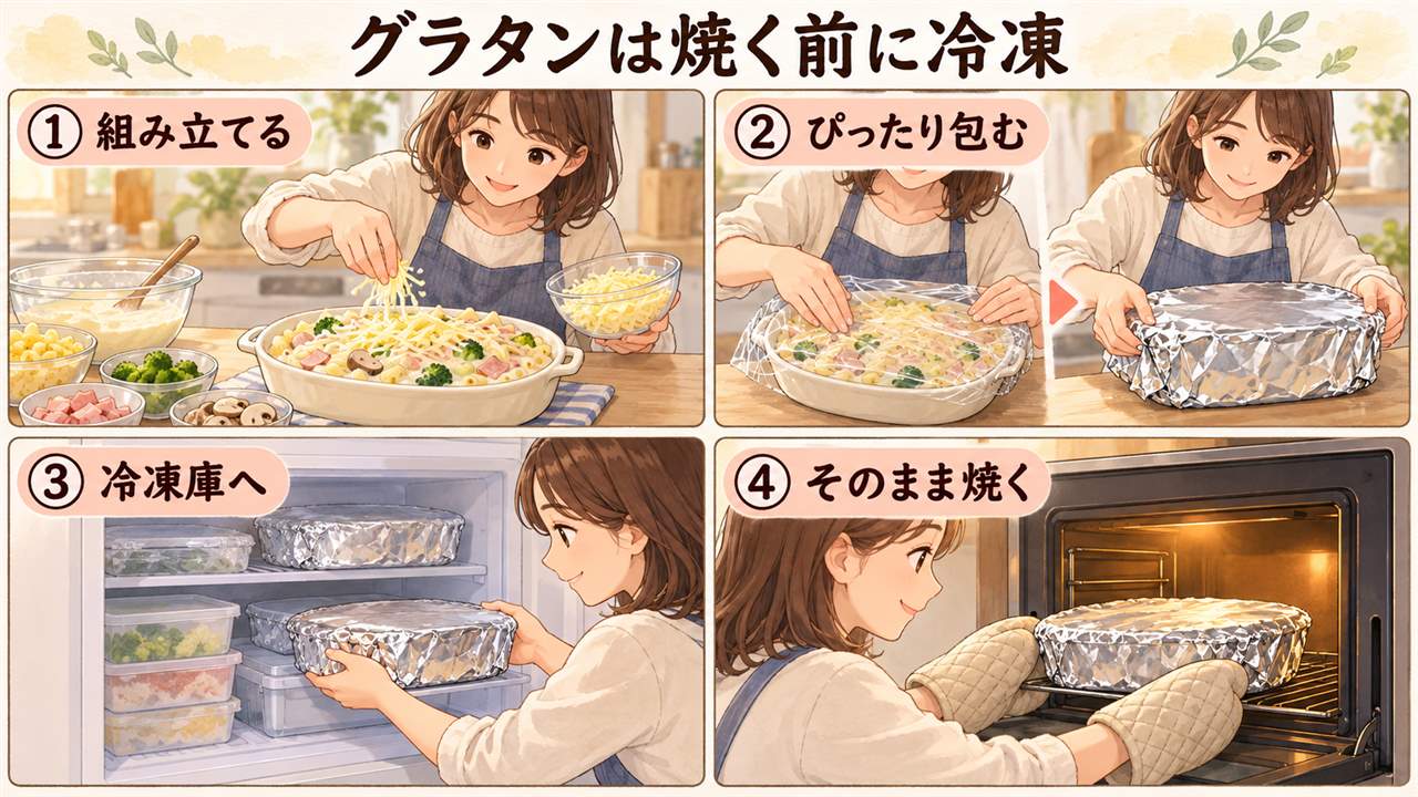 図解:グラタンは焼く前に冷凍(組み立てる・ぴったり包む・冷凍庫へ・そのまま焼く)