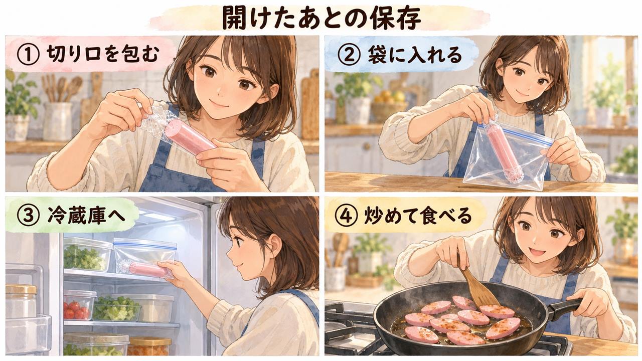 図解：開けたあとの保存（切り口を包む・袋に入れる・冷蔵庫へ・炒めて食べる）