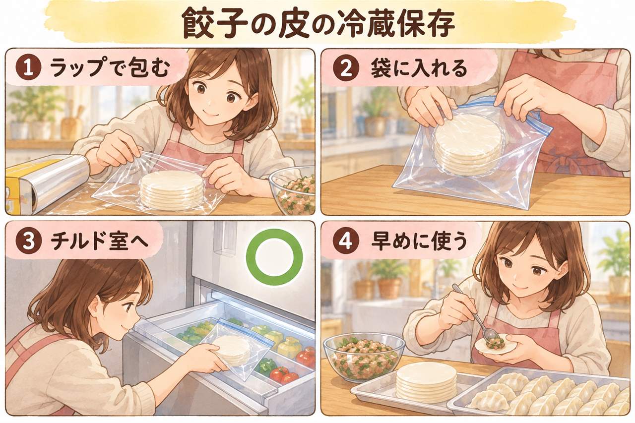 図解：餃子の皮の冷蔵保存（ラップで包む・袋に入れる・チルド室へ・早めに使う）