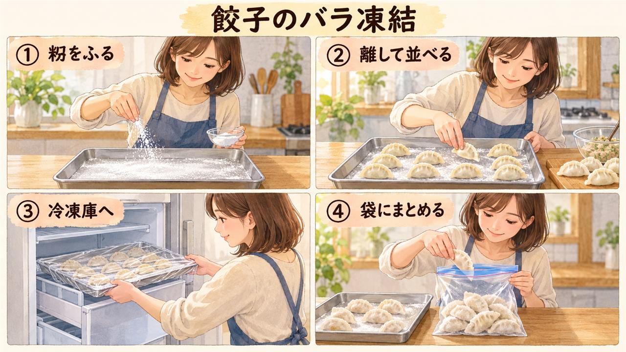 図解：餃子のバラ凍結（粉をふる・離して並べる・冷凍庫へ・袋にまとめる）