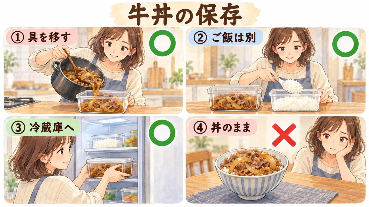 図解：牛丼の保存（具を移す・ご飯は別・冷蔵庫へ・丼のまま）