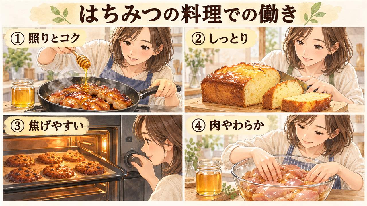 図解:はちみつの料理での働き(照りとコク・しっとり・焦げやすい・肉やわらか)