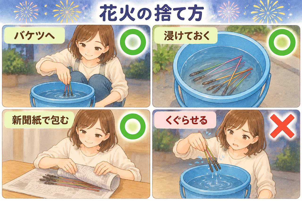 図解：花火の捨て方（バケツへ・浸けておく・新聞紙で包む・くぐらせる）